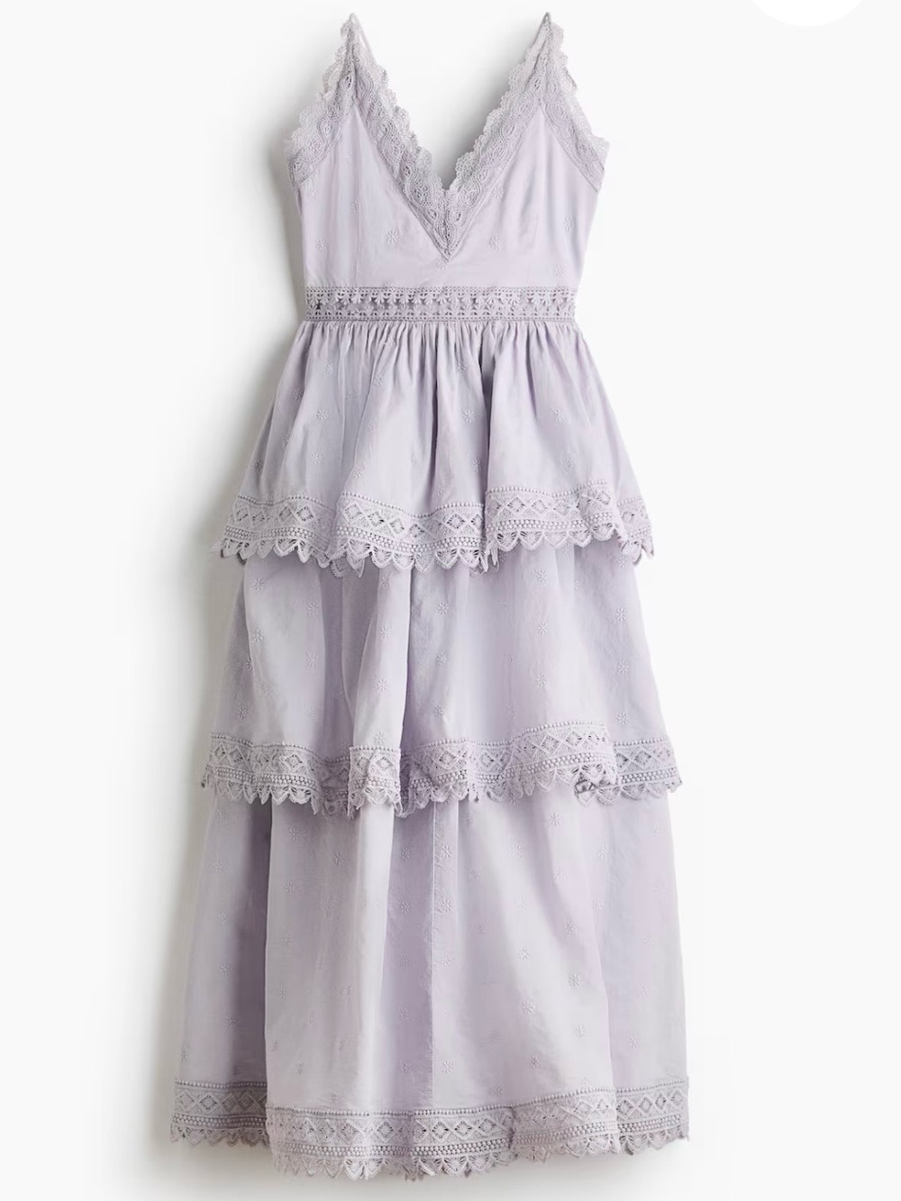 Lace Trim Tiered Long Cotton Dress - Soft Lavender